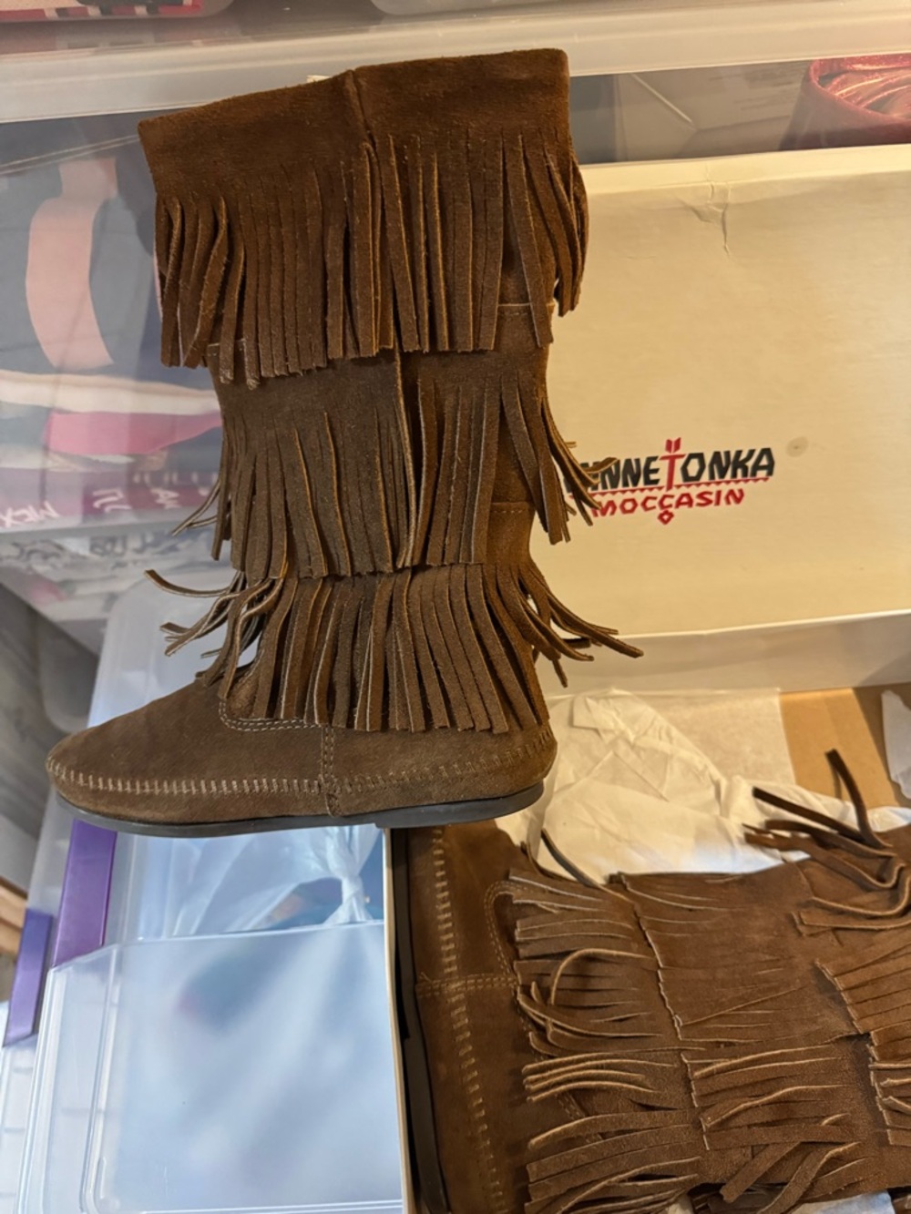 Minnetonka Brown Suede Triple-Fringe Moccasin Boots